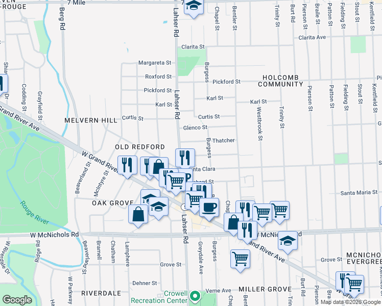 map of restaurants, bars, coffee shops, grocery stores, and more near 17620 Lahser Road in Detroit