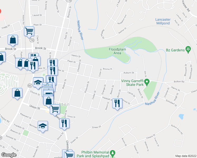 map of restaurants, bars, coffee shops, grocery stores, and more near 220 Water Street in Clinton
