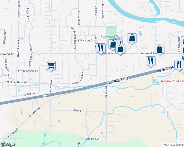map of restaurants, bars, coffee shops, grocery stores, and more near 2115 Southwest Shane Way in Grants Pass