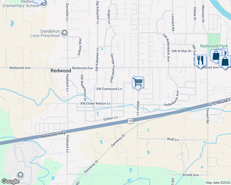 map of restaurants, bars, coffee shops, grocery stores, and more near 1670 Nunnwood Lane in Grants Pass