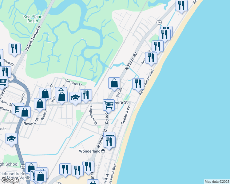 map of restaurants, bars, coffee shops, grocery stores, and more near 1069 North Shore Road in Revere