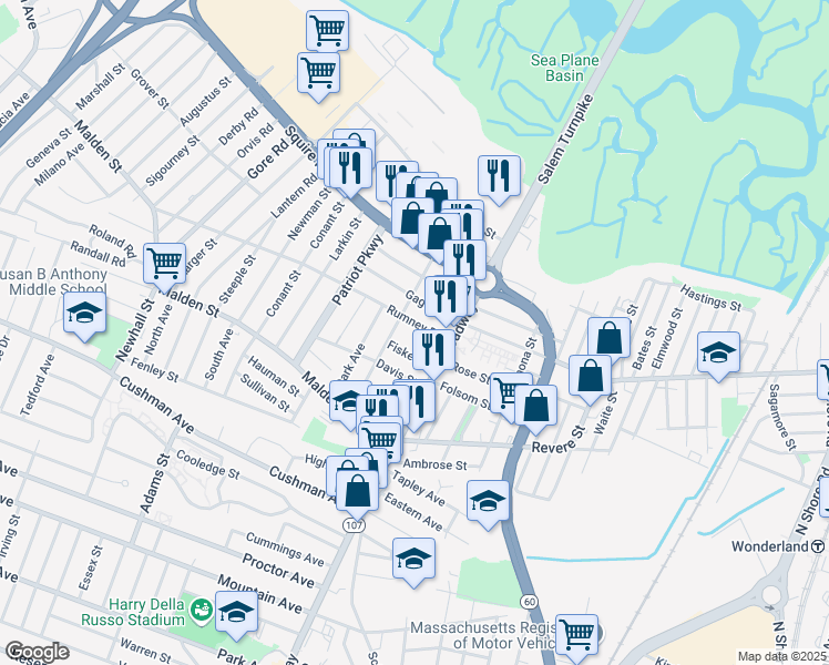map of restaurants, bars, coffee shops, grocery stores, and more near 32 Rumney Road in Revere