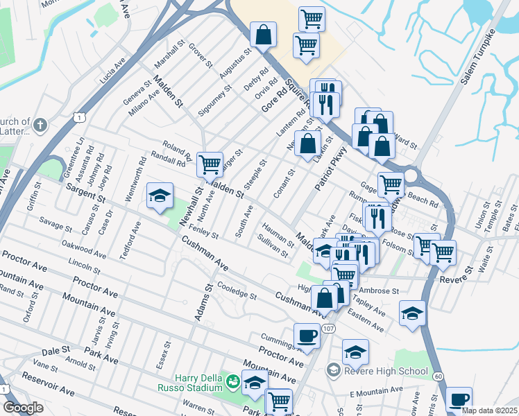 map of restaurants, bars, coffee shops, grocery stores, and more near 226 Malden Street in Revere