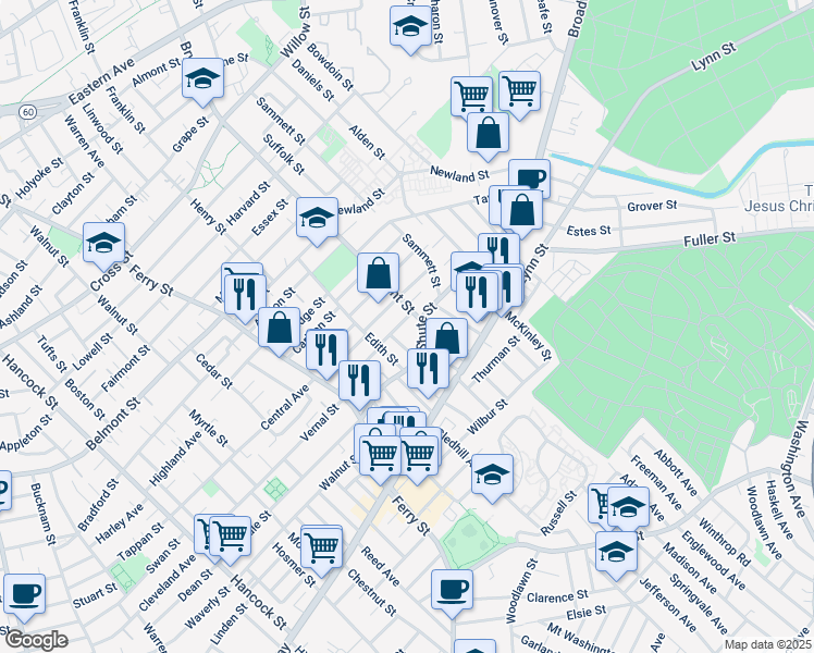 map of restaurants, bars, coffee shops, grocery stores, and more near 6 Bryant Street in Everett