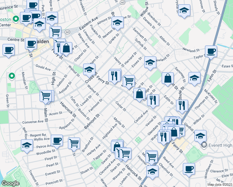 map of restaurants, bars, coffee shops, grocery stores, and more near 475-481 Ferry Street in Malden