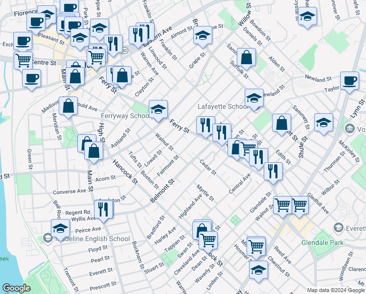 map of restaurants, bars, coffee shops, grocery stores, and more near 11 Winthrop Street in Malden