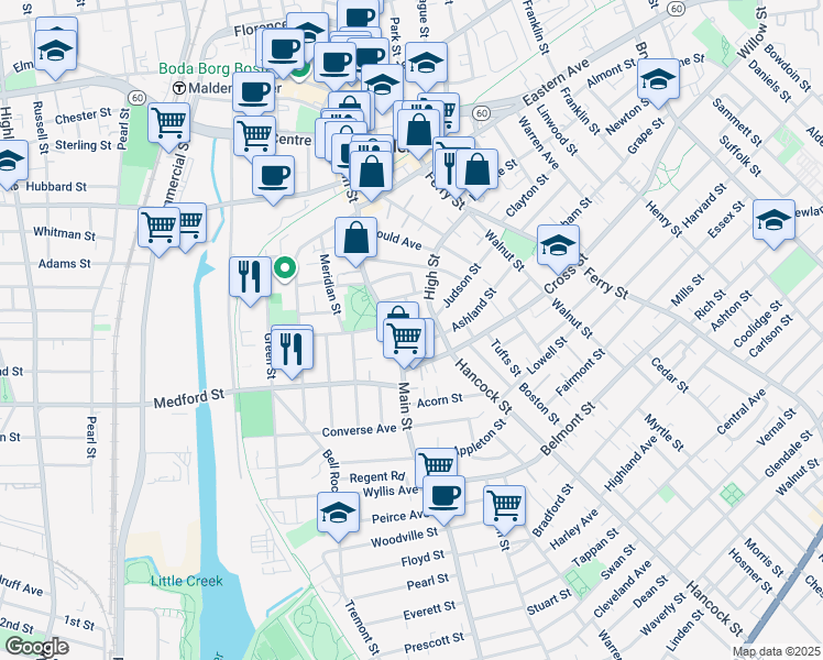 map of restaurants, bars, coffee shops, grocery stores, and more near 106 Judson Street in Malden