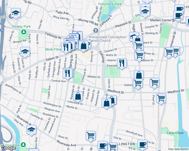 map of restaurants, bars, coffee shops, grocery stores, and more near 55 Surrey Street in Medford