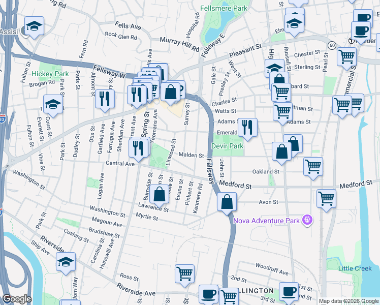 map of restaurants, bars, coffee shops, grocery stores, and more near 55 Surrey Street in Medford