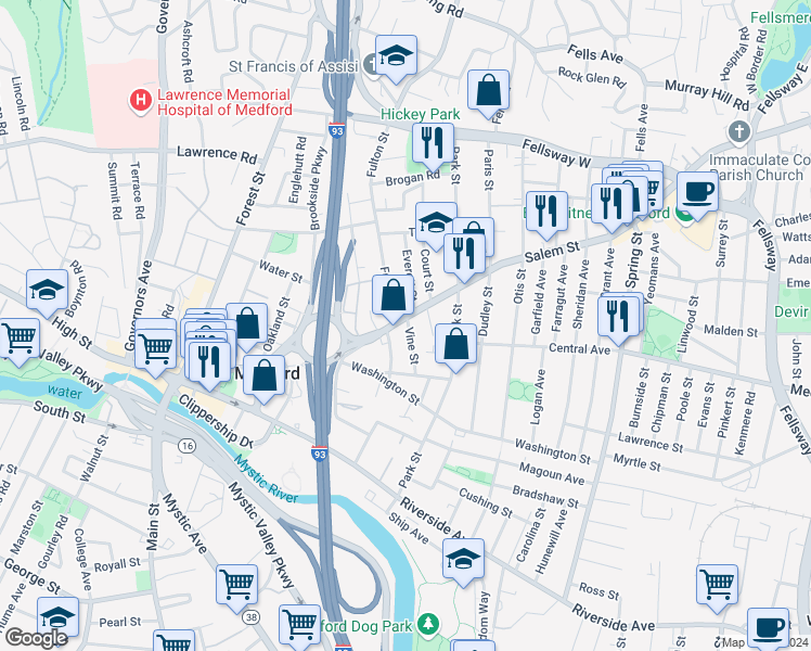 map of restaurants, bars, coffee shops, grocery stores, and more near 9 Revere Place in Medford