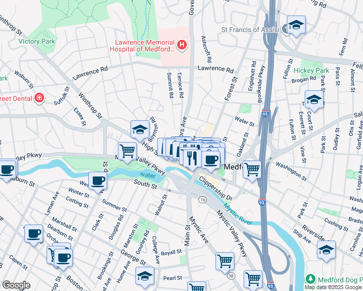 map of restaurants, bars, coffee shops, grocery stores, and more near 15 Governors Avenue in Medford