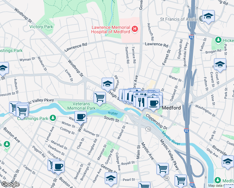 map of restaurants, bars, coffee shops, grocery stores, and more near 15 Boynton Road in Medford