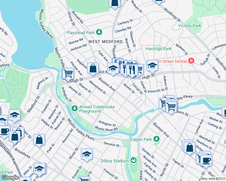 map of restaurants, bars, coffee shops, grocery stores, and more near 51 Harvard Avenue in Medford
