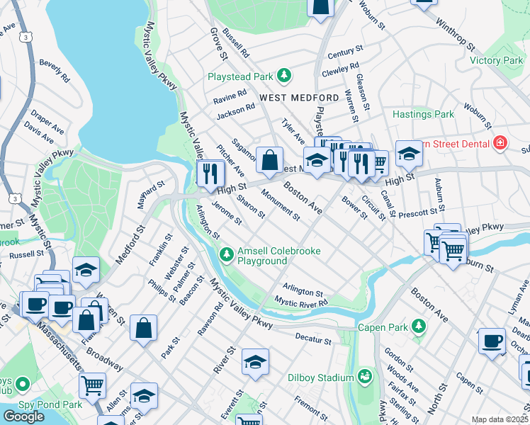 map of restaurants, bars, coffee shops, grocery stores, and more near 7 Fairfield Street in Medford