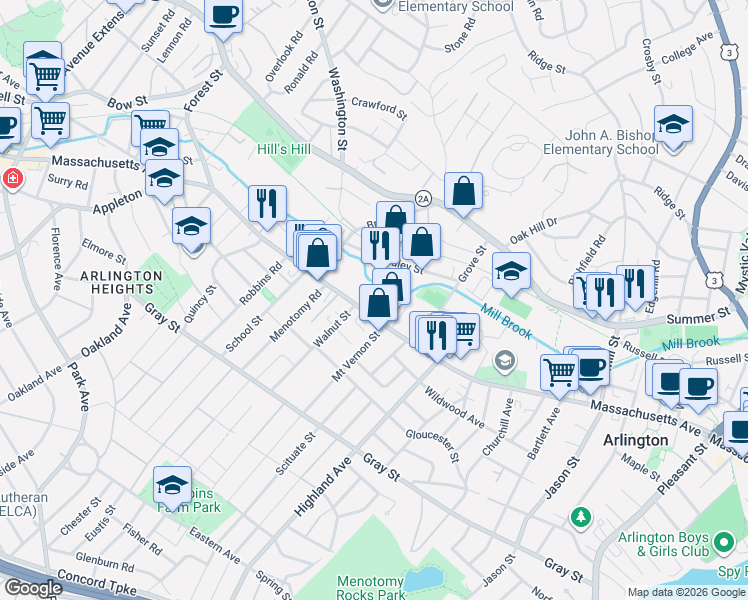 map of restaurants, bars, coffee shops, grocery stores, and more near 993 Massachusetts Avenue in Arlington