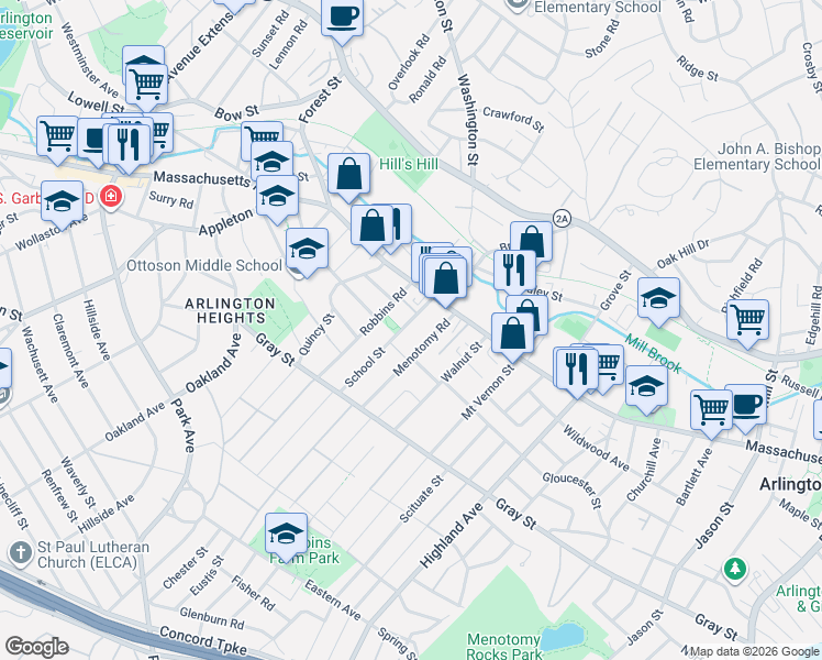 map of restaurants, bars, coffee shops, grocery stores, and more near 30 Robbins Road in Arlington