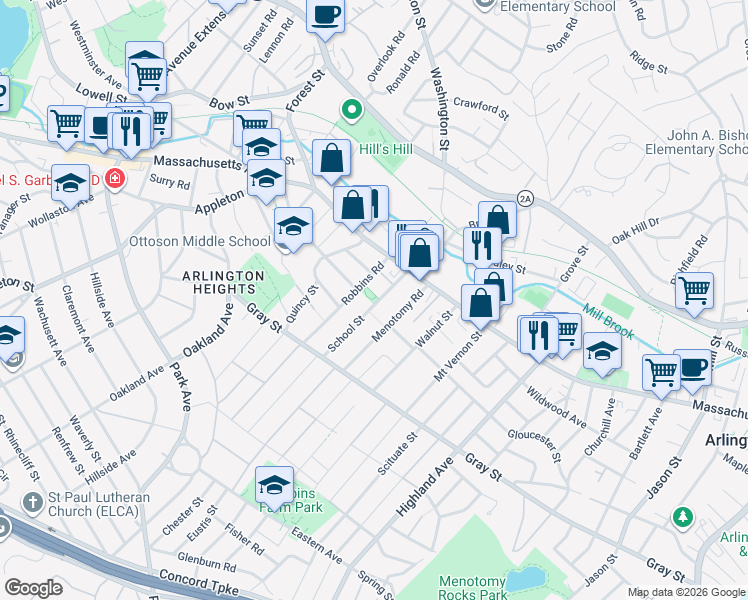 map of restaurants, bars, coffee shops, grocery stores, and more near 30 Robbins Road in Arlington