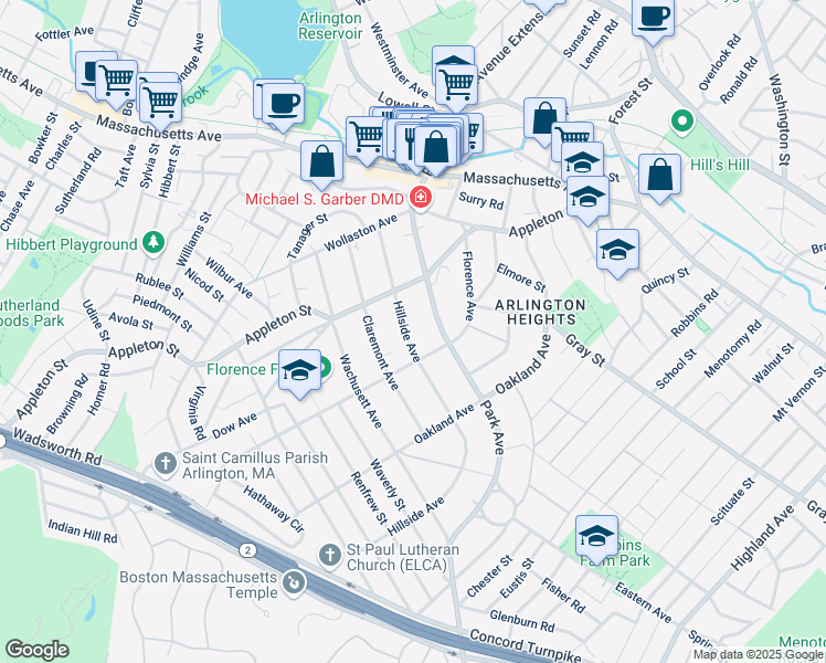 map of restaurants, bars, coffee shops, grocery stores, and more near 67 Hillside Avenue in Arlington