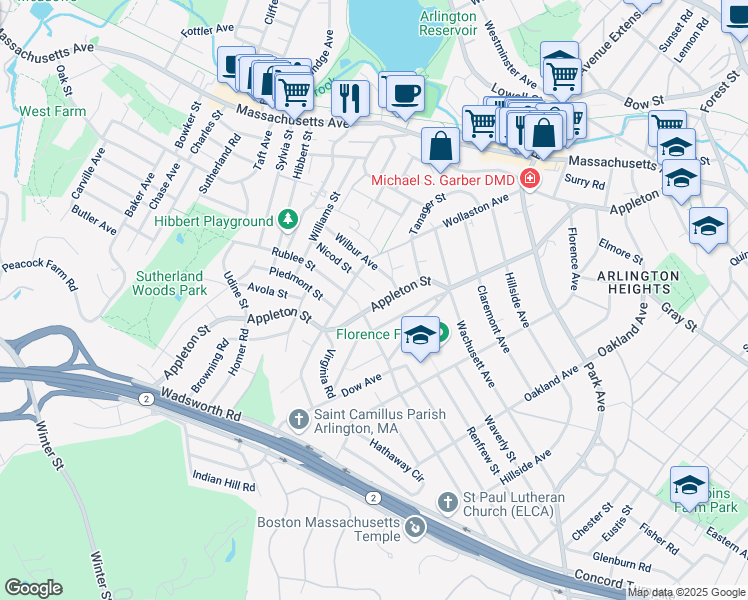 map of restaurants, bars, coffee shops, grocery stores, and more near 57 Nicod Street in Arlington