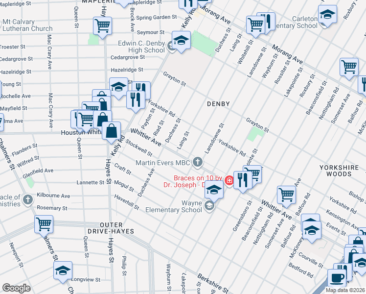 map of restaurants, bars, coffee shops, grocery stores, and more near 11427 Laing Street in Detroit