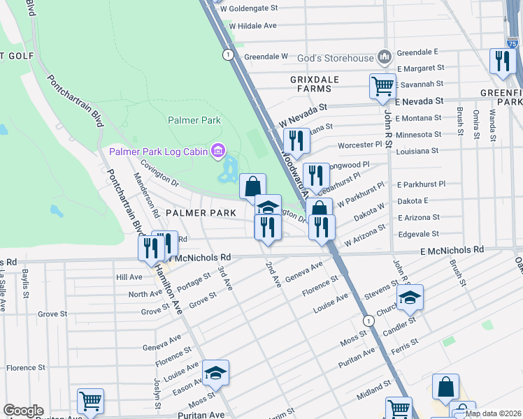 map of restaurants, bars, coffee shops, grocery stores, and more near 17505 2nd Avenue in Detroit