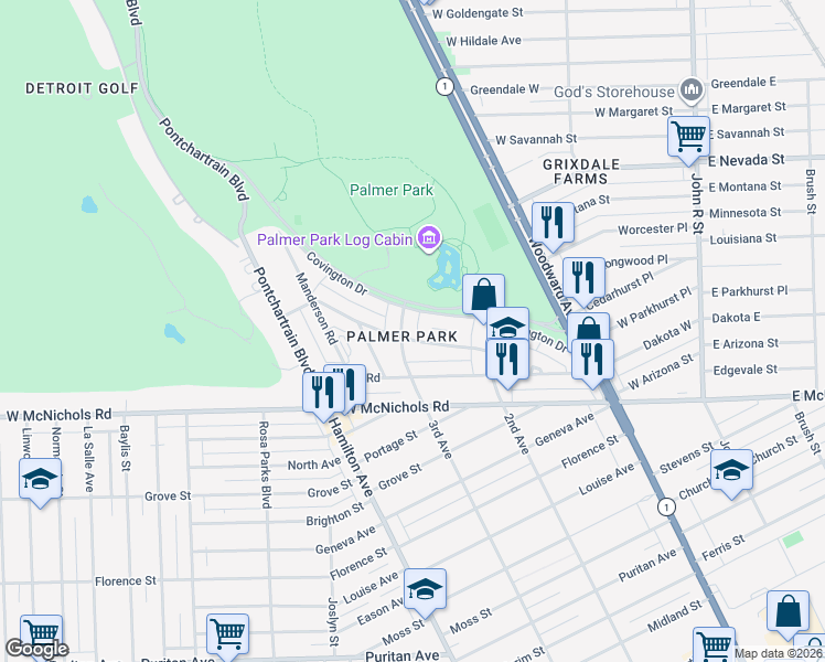 map of restaurants, bars, coffee shops, grocery stores, and more near 17524 3rd Avenue in Detroit