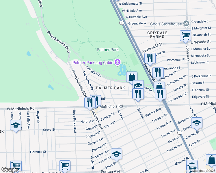 map of restaurants, bars, coffee shops, grocery stores, and more near 17524 3rd Avenue in Detroit