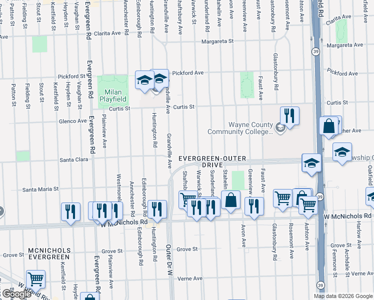 map of restaurants, bars, coffee shops, grocery stores, and more near 17566 Shaftsbury Avenue in Detroit