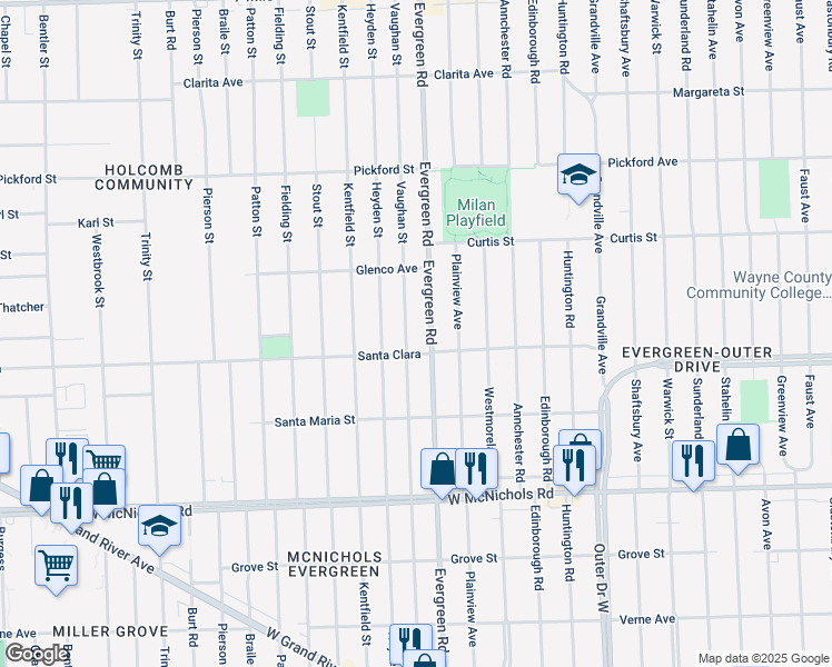map of restaurants, bars, coffee shops, grocery stores, and more near in Detroit