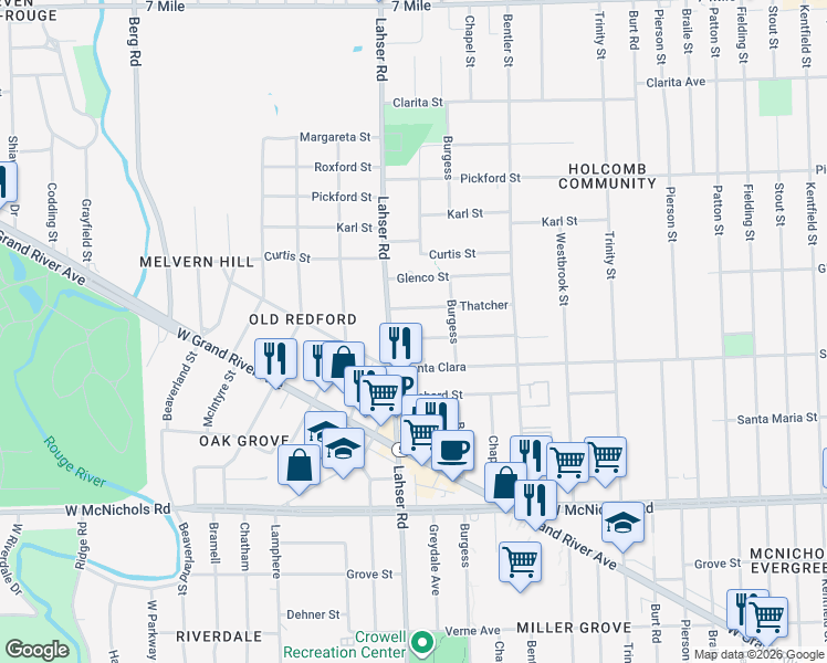 map of restaurants, bars, coffee shops, grocery stores, and more near 17620 Lahser Road in Detroit