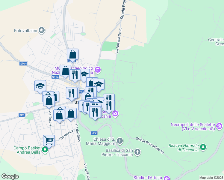 map of restaurants, bars, coffee shops, grocery stores, and more near 20 Via Don Dario Nardi in Provincia di Viterbo