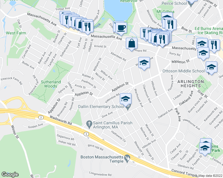 map of restaurants, bars, coffee shops, grocery stores, and more near 57 Nicod Street in Arlington