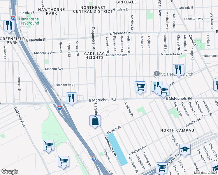 map of restaurants, bars, coffee shops, grocery stores, and more near 17209 Lumpkin Street in Detroit