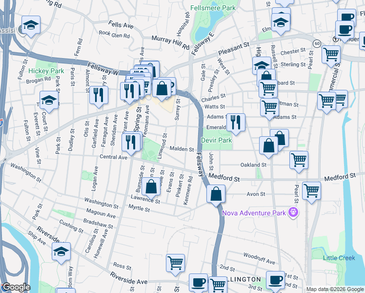 map of restaurants, bars, coffee shops, grocery stores, and more near 55 Surrey Street in Medford