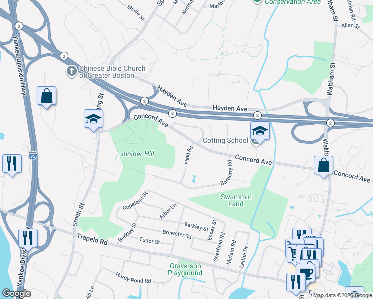 map of restaurants, bars, coffee shops, grocery stores, and more near 3 Field Road in Lexington