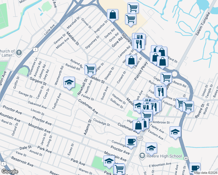 map of restaurants, bars, coffee shops, grocery stores, and more near 226 Malden Street in Revere