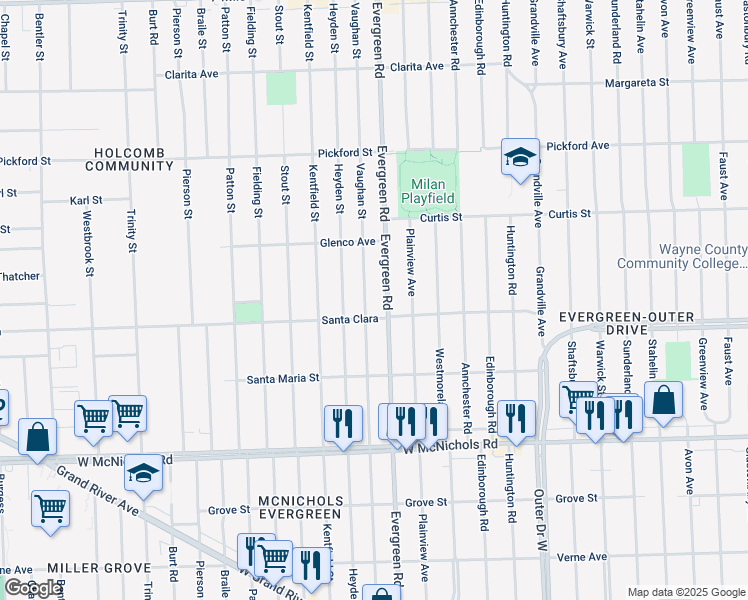map of restaurants, bars, coffee shops, grocery stores, and more near in Detroit