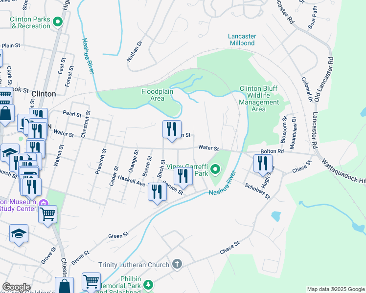 map of restaurants, bars, coffee shops, grocery stores, and more near 404 Water Street in Clinton