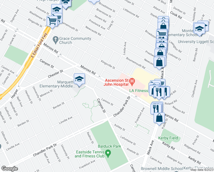 map of restaurants, bars, coffee shops, grocery stores, and more near 21772 Moross Road in Grosse Pointe