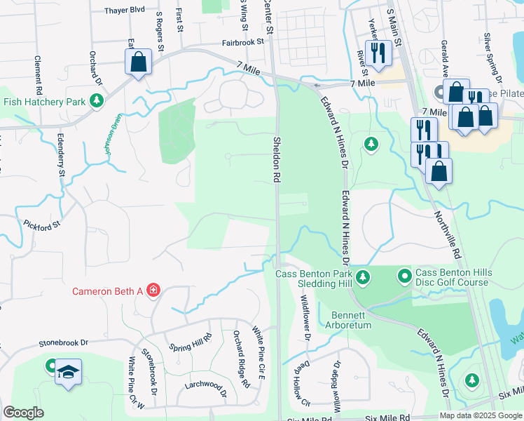 map of restaurants, bars, coffee shops, grocery stores, and more near 44444 Thornapple Lane in Northville