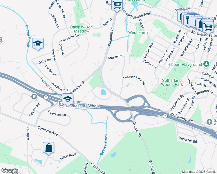 map of restaurants, bars, coffee shops, grocery stores, and more near 28 Watertown Street in Lexington