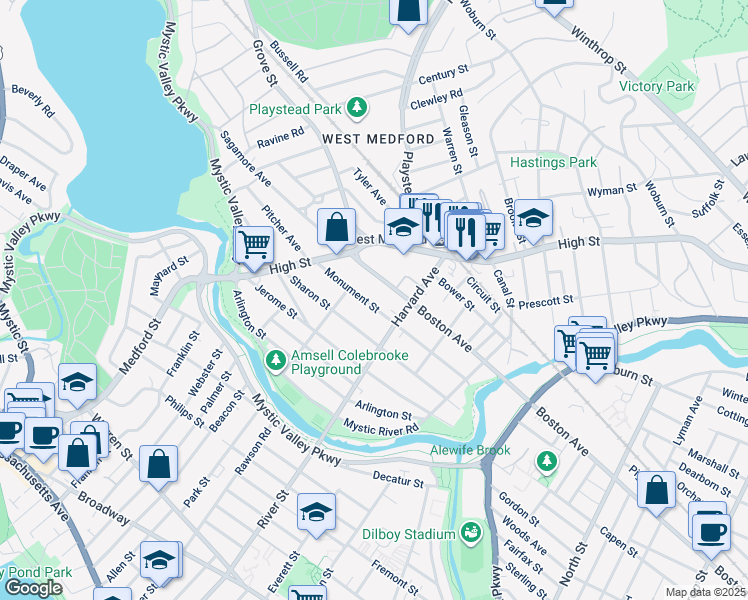 map of restaurants, bars, coffee shops, grocery stores, and more near 52 Monument Street in Medford