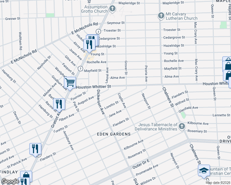 map of restaurants, bars, coffee shops, grocery stores, and more near 13133 Filbert Avenue in Detroit