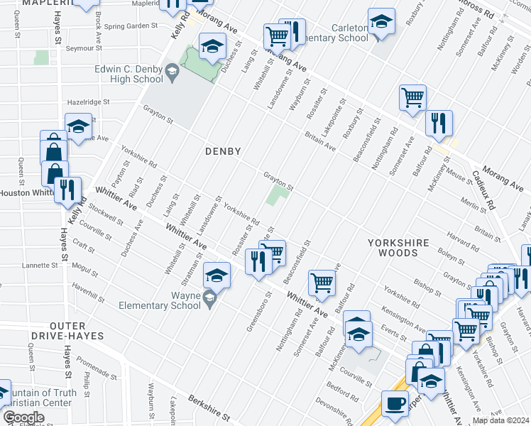 map of restaurants, bars, coffee shops, grocery stores, and more near 11130 Rossiter Street in Detroit