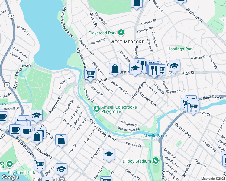 map of restaurants, bars, coffee shops, grocery stores, and more near 44 Sharon Street in Medford