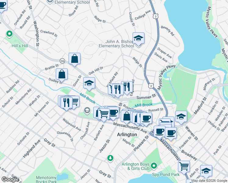 map of restaurants, bars, coffee shops, grocery stores, and more near 14 Winthrop Road in Arlington