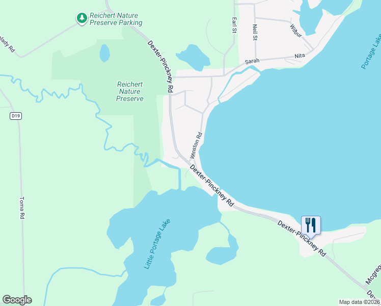 map of restaurants, bars, coffee shops, grocery stores, and more near 9634 Winston Road in Pinckney