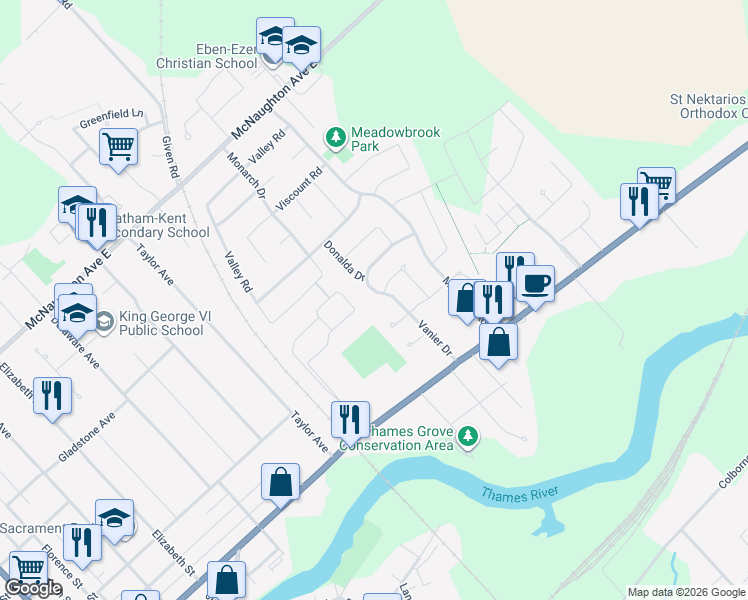 map of restaurants, bars, coffee shops, grocery stores, and more near 90 Vanier Drive in Chatham