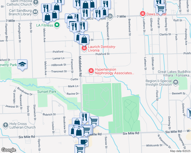 map of restaurants, bars, coffee shops, grocery stores, and more near 18242 Middlebelt Road in Livonia