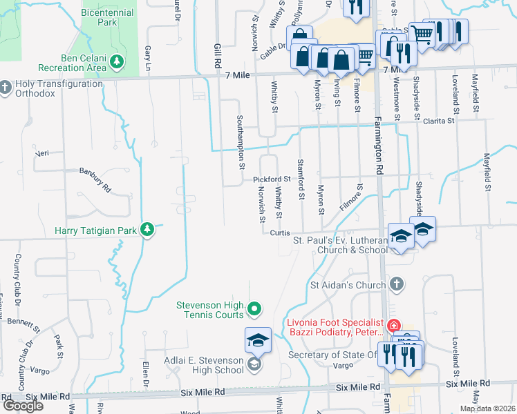 map of restaurants, bars, coffee shops, grocery stores, and more near 18287 Norwich Road in Livonia